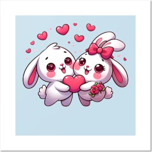 Valentines day kawaii bunnies in love Posters and Art